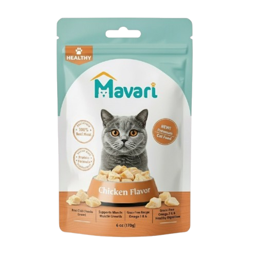 Bag of Haysen House Bells cat food with light blue packaging and a picture of a cat